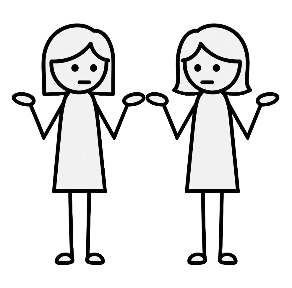 Two shrugging figures representing Karen and Ann